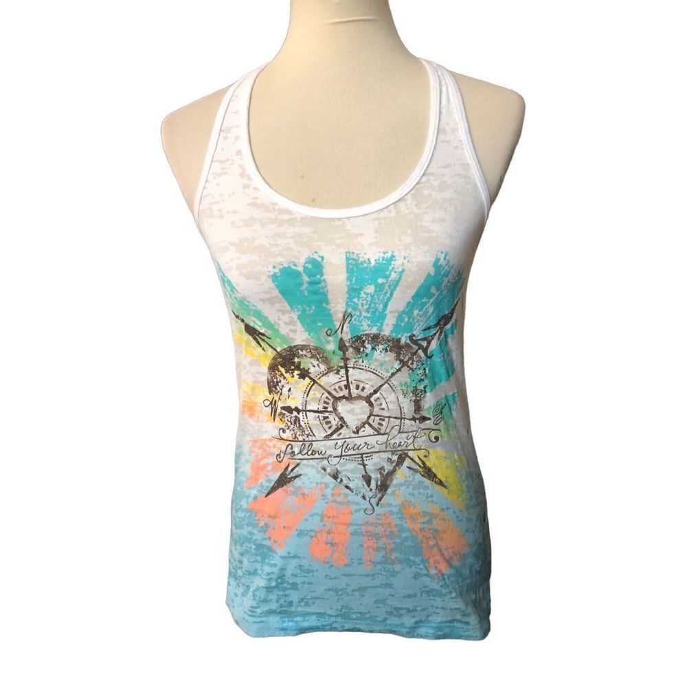 Junk Gypsy racer back white burnout tank novelty print of heart compass